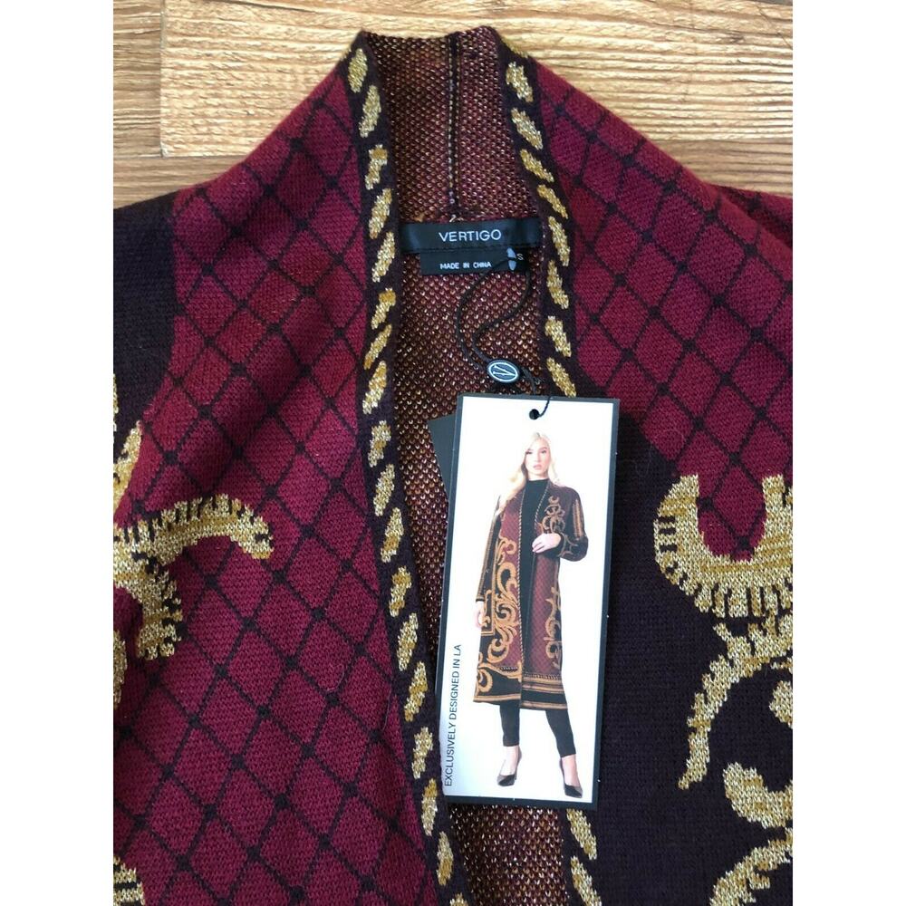 Vertigo Jacquard Black/Red/Gold Long Open Wool Blend Cardigan Sweater Size S NWT - Picture 7 of 11